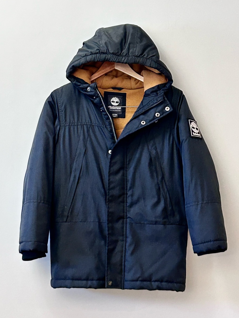 Timberland Youth Black Hooded Insulated Winter Coat Fleece Lined Boy’s S  7/8
